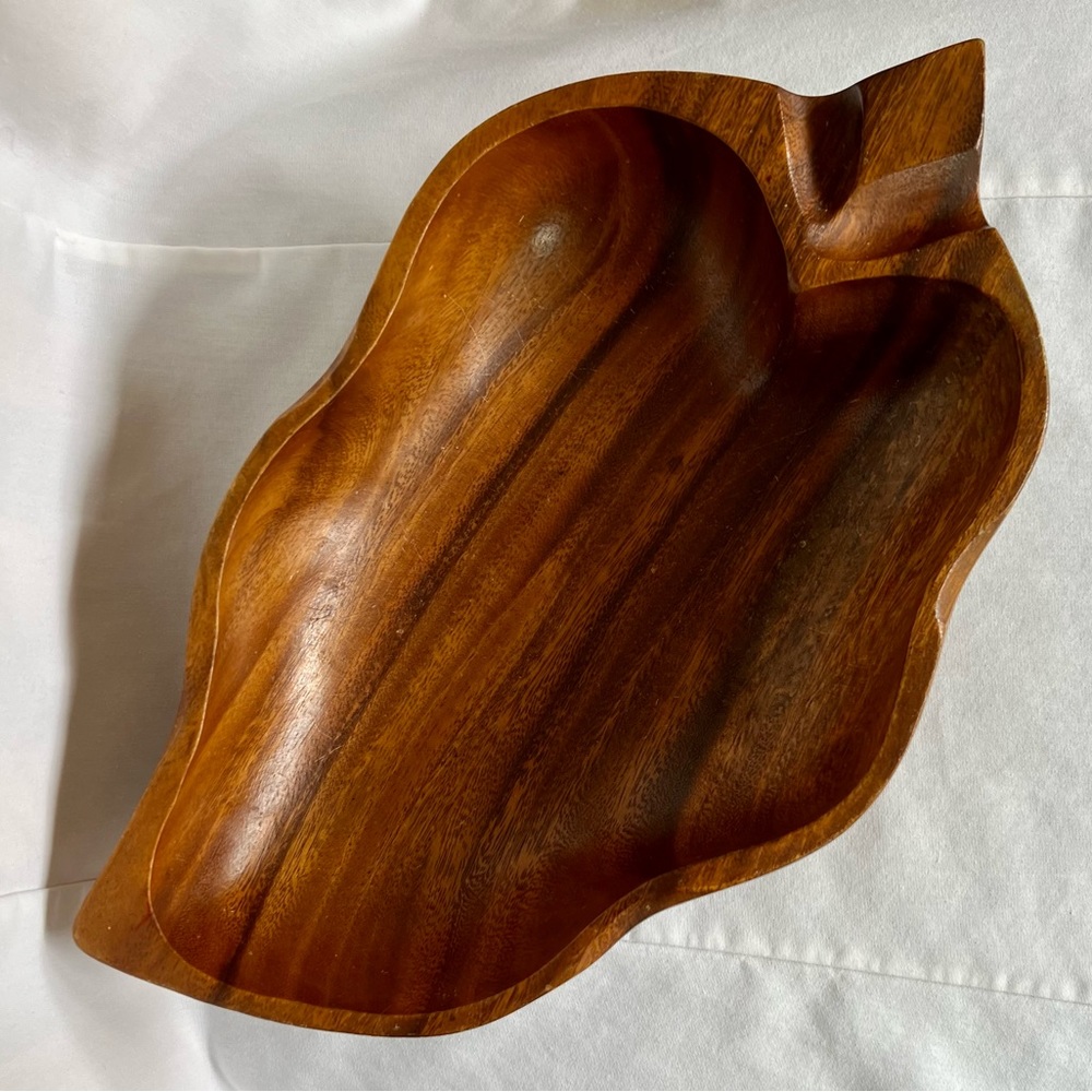 Carved Monkey Pod Wooden Leaf Shaped Bowl Vintage - Picture 10 of 10